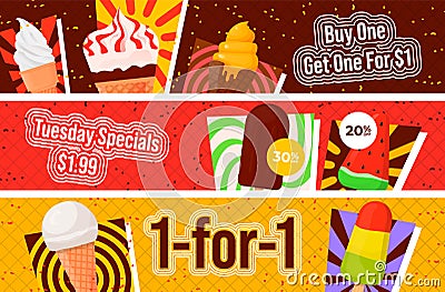 Ice cream special offer sale discount banner set vector flat fresh summer frozen dessert Vector Illustration