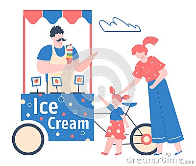 Ice cream stall, street kiosk, sweet food Vector Illustration
