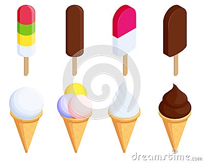 Ice cream on a stick, in waffle cup. Isometric various of ice cream isolated on white. Vector Illustration