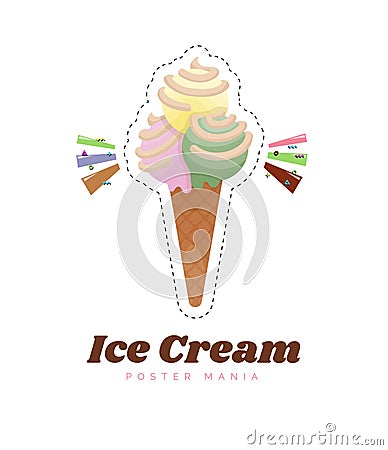 Ice cream sticker or badge. Color vanilla ice cream dessert. Kids sweets. Cute ice cream cone cartoon vector Vector Illustration