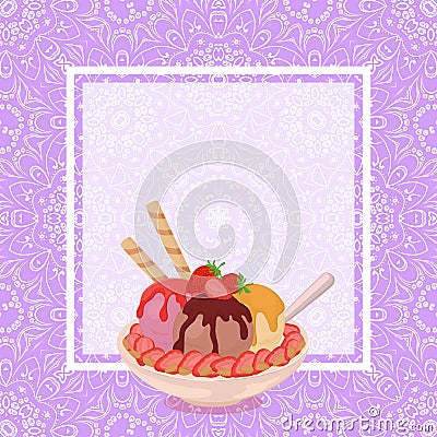 Ice Cream, Strawberries and Background Vector Illustration