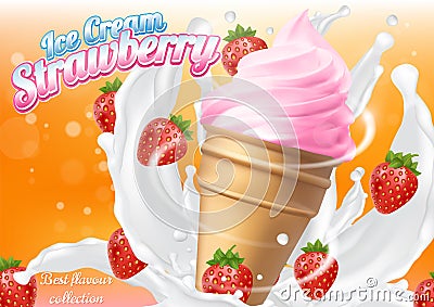 Ice cream strawberry cone dessert vector realistic illustration Vector Illustration