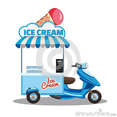 Ice cream street food cart, scooter, moped, truck, with fresh Cones, Sticks, Buckets, Sherbet, Rolled Ice Cream, Soft Vector Illustration