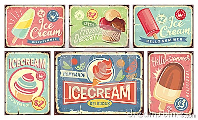 Ice cream and summer desserts vintage tin signs Vector Illustration