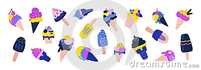 Ice cream. Sundae vanilla and chocolate popsicles with different waffle cons and fruit berry and nuts toppings. Vector Vector Illustration