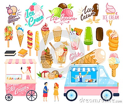 Ice cream sweet food vector illustration set, cartoon flat streetfood icecream shop truck collection of various gelato Vector Illustration