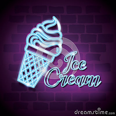 Ice cream sweet neon label Vector Illustration