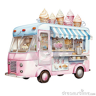 ice cream and sweets food truck street food watercolor illustration Cartoon Illustration