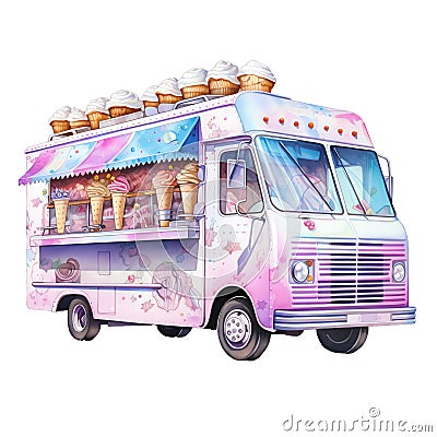 ice cream and sweets food truck street food watercolor illustration Cartoon Illustration