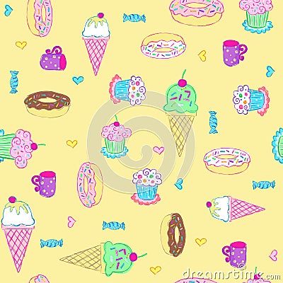 Ice Cream and Sweets Seamless Pattern Vector Illustration