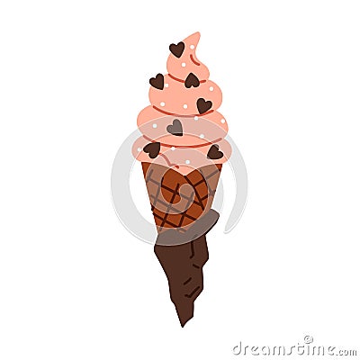 Ice-cream swirl in wafer cone. Summer frozen dessert, takeaway icecream with strawberry flavor, heart sprinkles Vector Illustration