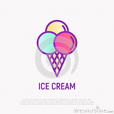 Ice cream: three balls in waffle cup thin line icon. Modern vector illustration Vector Illustration