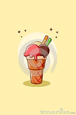 Ice cream three flavor icon cartoon illustration Vector Illustration