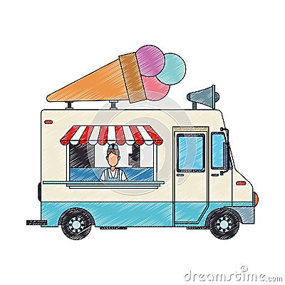 Ice cream truck and man scribble Vector Illustration