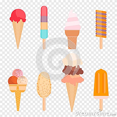 Ice cream variety collection. Chocolate, vanilla dessert. Vector Vector Illustration