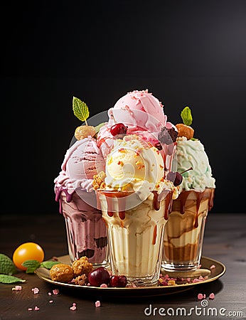 Ice cream variety in a waffle cone with fresh fruit, dessert and sweet food in the summer Stock Photo