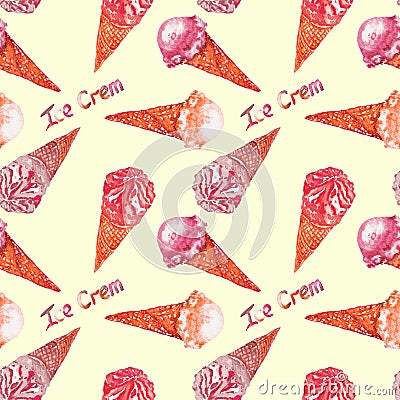 Ice cream variety in waffle cup with inscription, soft pink color palette Cartoon Illustration