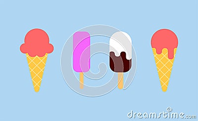 Ice cream - vector icons. Collection ice-cream cones, popsicle, eskimo. Cartoon flat illustrations isolated Vector Illustration