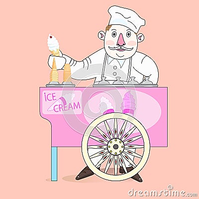 Ice cream vendor with cart. Vector Illustration