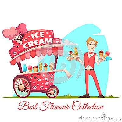 Ice cream vendor with cart. Best flavour collection. Vector illustration Vector Illustration