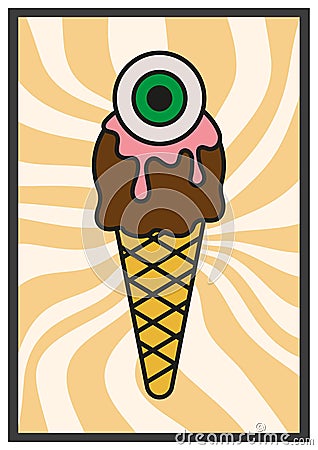 Ice Cream vintage, retro, 70s vector poster summer and spring. Swirling radial yellow background. Beach holiday shop Vector Illustration