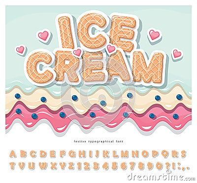 Ice cream wafer font. Cute cartoon alphabet. Paper cut out sweet letters and numbers. For birthday, baby shower Vector Illustration