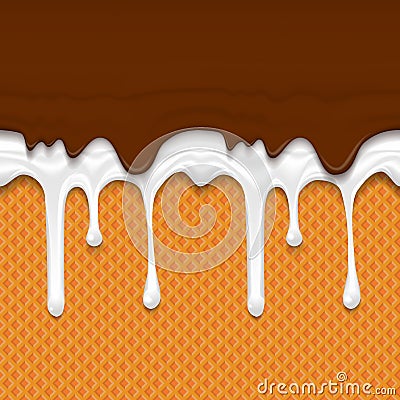 Ice Cream waffle cone background. Horizontal continuous Wafer Texture with Melted Dripping White and brown Frosting. Yummy Vector Illustration