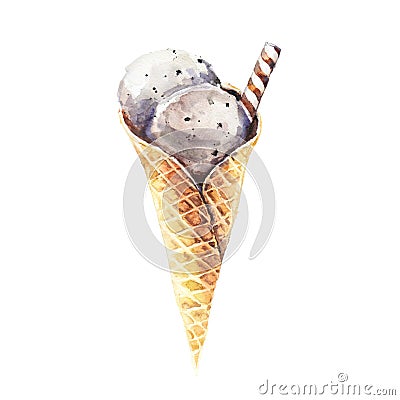 Ice cream in the waffle cone with chocolate chips. Watercolor illustration Cartoon Illustration