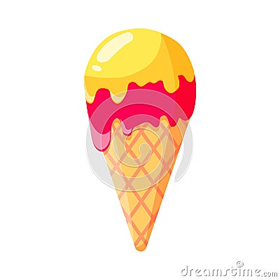 Ice cream in a waffle cone. Icecream in pink and yellow colors isolated on white background idea for a poster, postcard Vector Illustration