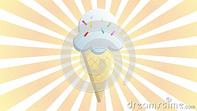 Ice Cream Waffle Cone Inverted Retro Style Sign over Sunburst Rays - White Elements on Turquoise Striped Background - Vector Hand Vector Illustration