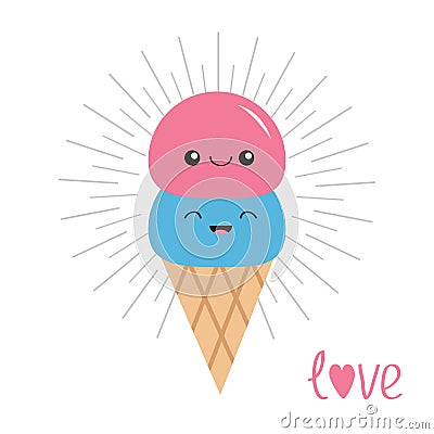 Ice cream in the waffle cone. Scoop set. Smiling face. Shining line effect. Cute cartoon character. Love card. Valentines day symb Vector Illustration