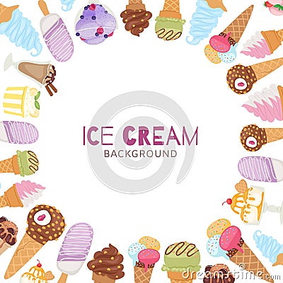 Ice cream waffle cones, eskimo or icecream in carton cups with assortment of nuts, chocolate ,berries and fruits frame Vector Illustration