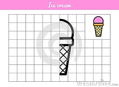 Ice cream Waffle cup with ball. Copy the picture along the grid line. Vector coloring book for educational game. Vector Illustration