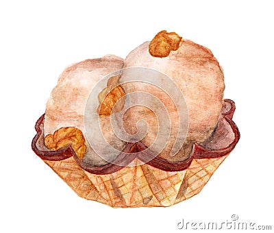 Ice cream in waffle cup with caramel popcorn on white background , Hand drawn watercolor illustration Cartoon Illustration