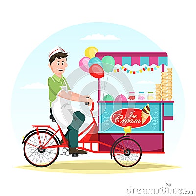 Ice cream wagon or trolley with vendor man Vector Illustration