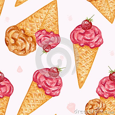 Ice cream. Watercolor seamless pattern with ice cream in a conical crispy waffle. Strawberry ice cream. Summer dessert Cartoon Illustration