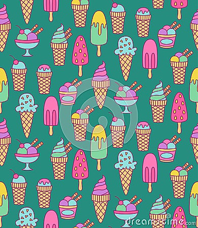 Ice creams doodle icons seamless vector pattern Vector Illustration