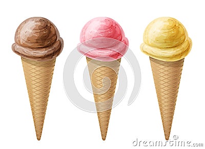 Ice creams in three flavors for summer Vector Illustration
