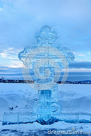 Ice cross in winter. Epiphany Orthodox holiday on a place of ice-hole swimming Stock Photo