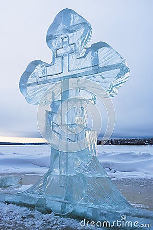 Ice cross in winter. Epiphany Orthodox holiday on a place of ice-hole swimming Stock Photo