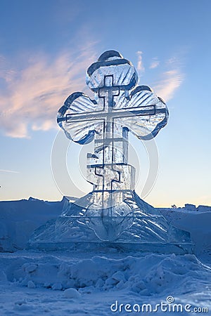 Ice cross in winter. Epiphany Orthodox holiday on a place of ice-hole swimming Stock Photo