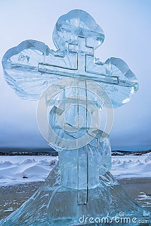 Ice cross in winter. Epiphany Orthodox holiday on a place of ice-hole swimming Stock Photo