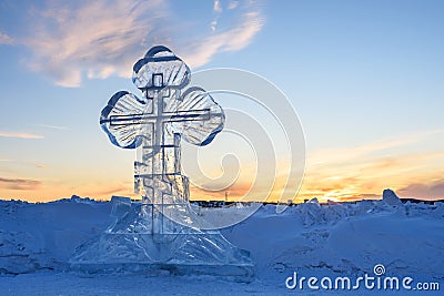 Ice cross in winter. Epiphany Orthodox holiday on a place of ice-hole swimming Stock Photo