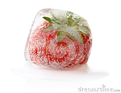 Ice cube and strawberry in ice cube isolated on white Stock Photo