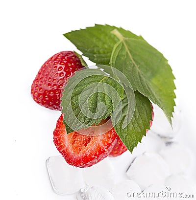 Ice cube and strawberry on a white background Stock Photo