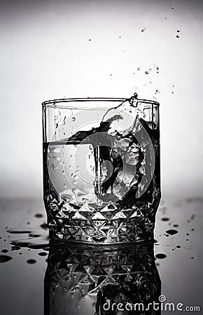 an ice cube is thrown into a glass of water Stock Photo