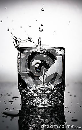 an ice cube is thrown into a glass of water Stock Photo