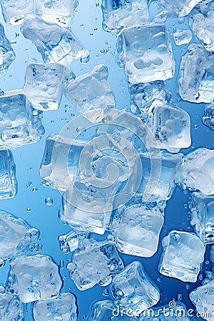 Ice cubes on blue glass background, pattern of crystal frozen icecubes Stock Photo