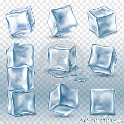 Ice cubes. 3d ice piece various angles collection, transparent frozen clear water blocks for drinks, glacial aqua Vector Illustration