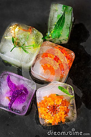 Ice cubes with frozen colorful flowers herbs and plants melting on dark stone background. Beauty, face skin care concept. Wellness Stock Photo